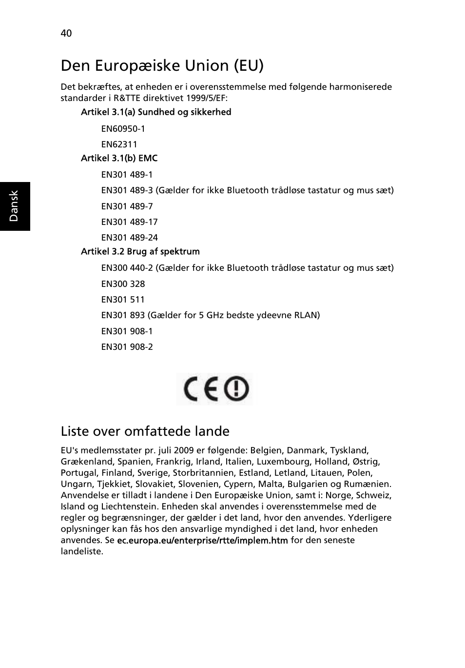 Den europæiske union (eu), Liste over omfattede lande | Acer Aspire One AO522 User Manual | Page 566 / 1810