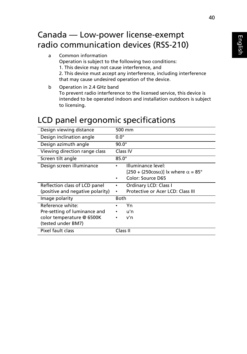 Lcd panel ergonomic specifications | Acer Aspire One AO522 User Manual | Page 59 / 1810