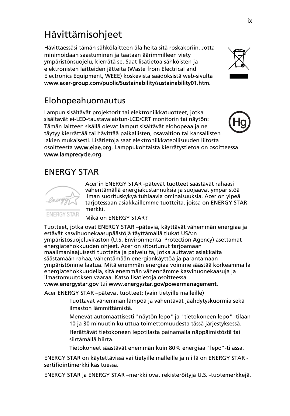 Hävittämisohjeet, Elohopeahuomautus, Energy star | Acer Aspire One AO522 User Manual | Page 639 / 1810