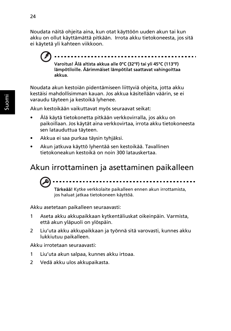 Akun irrottaminen ja asettaminen paikalleen | Acer Aspire One AO522 User Manual | Page 672 / 1810