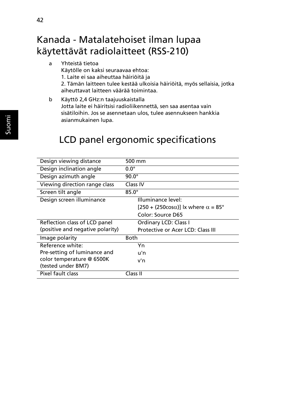 Lcd panel ergonomic specifications, Kanada - matalatehoiset ilman lupaa käytettävät, Radiolaitteet (rss-210) | Acer Aspire One AO522 User Manual | Page 690 / 1810