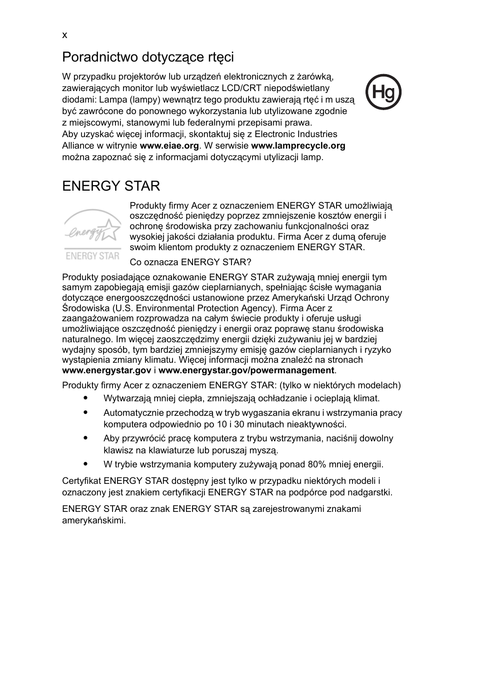 Poradnictwo dotyczące rtęci, Energy star | Acer Aspire One AO522 User Manual | Page 768 / 1810