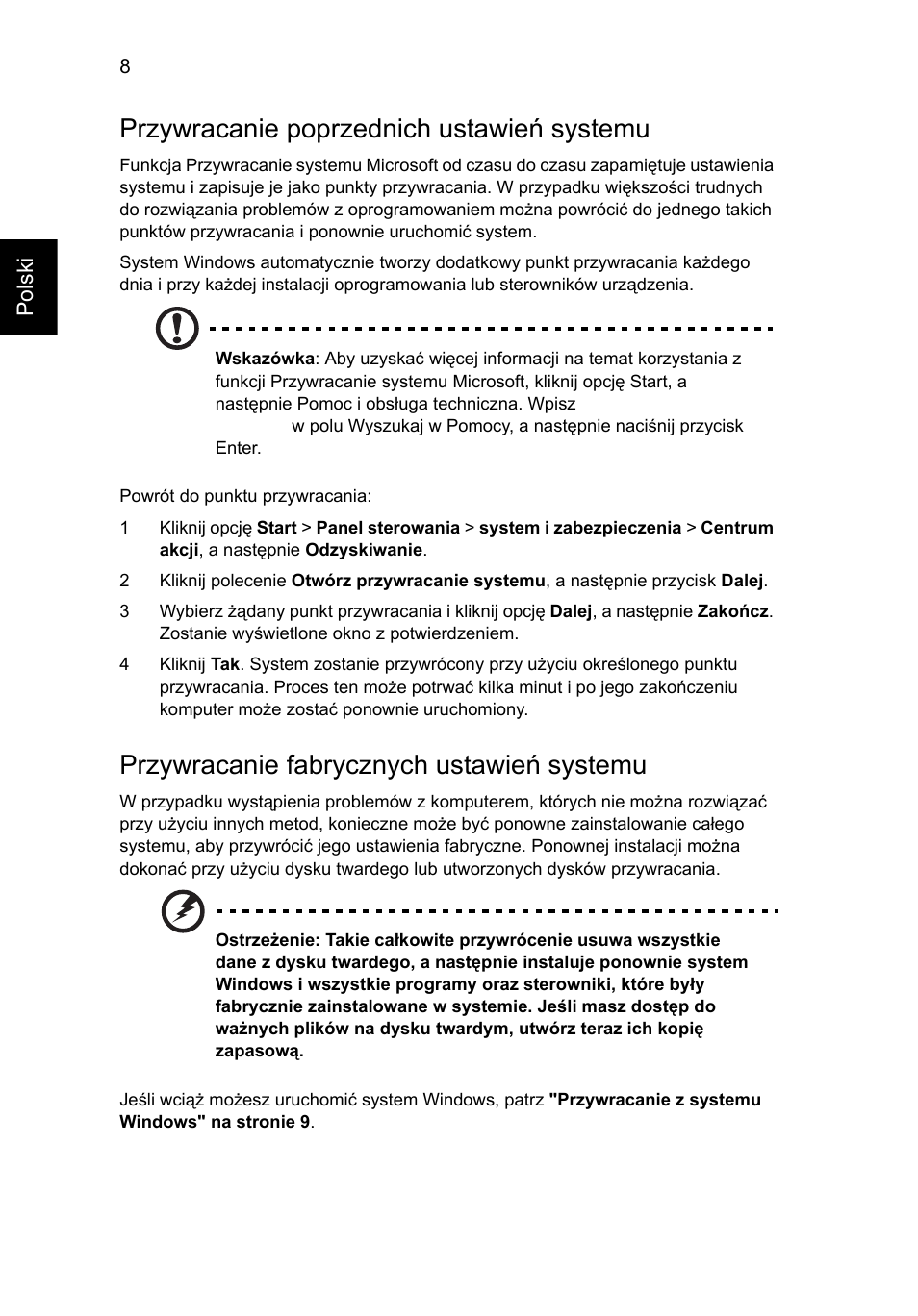 Przywracanie poprzednich ustawień systemu, Przywracanie fabrycznych ustawień systemu | Acer Aspire One AO522 User Manual | Page 786 / 1810
