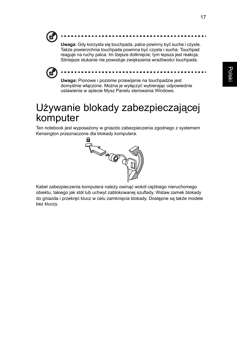 Używanie blokady zabezpieczającej komputer, Używanie blokady zabezpieczającej komputer 17 | Acer Aspire One AO522 User Manual | Page 795 / 1810