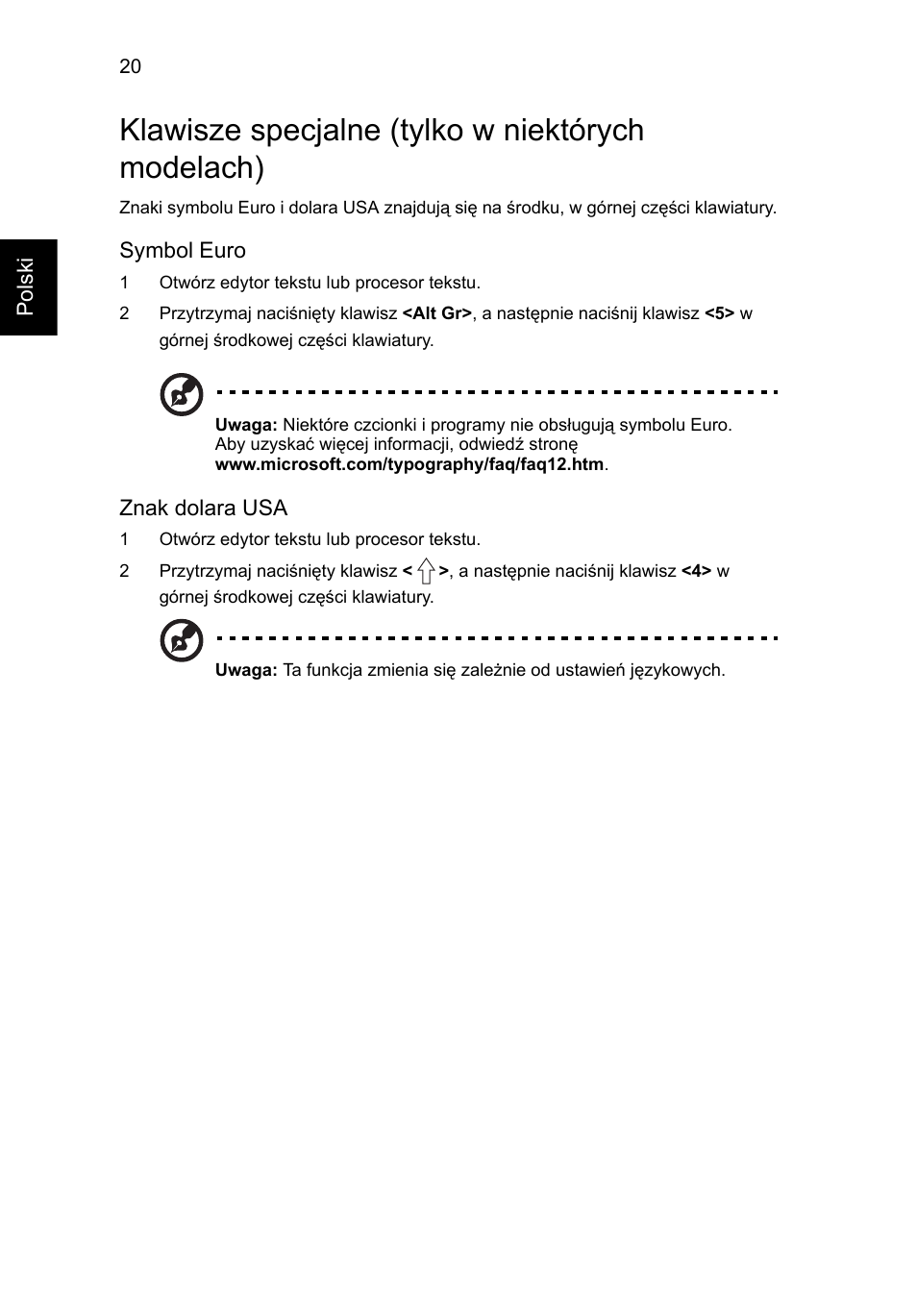 Klawisze specjalne (tylko w niektórych modelach) | Acer Aspire One AO522 User Manual | Page 798 / 1810