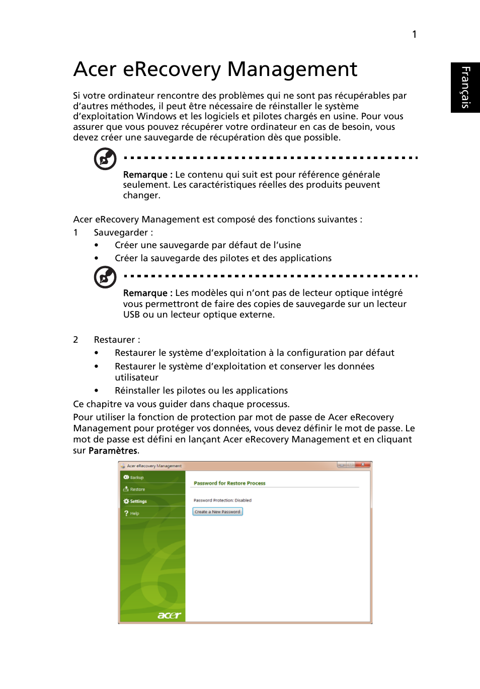 Acer erecovery management, Français | Acer Aspire One AO522 User Manual | Page 81 / 1810