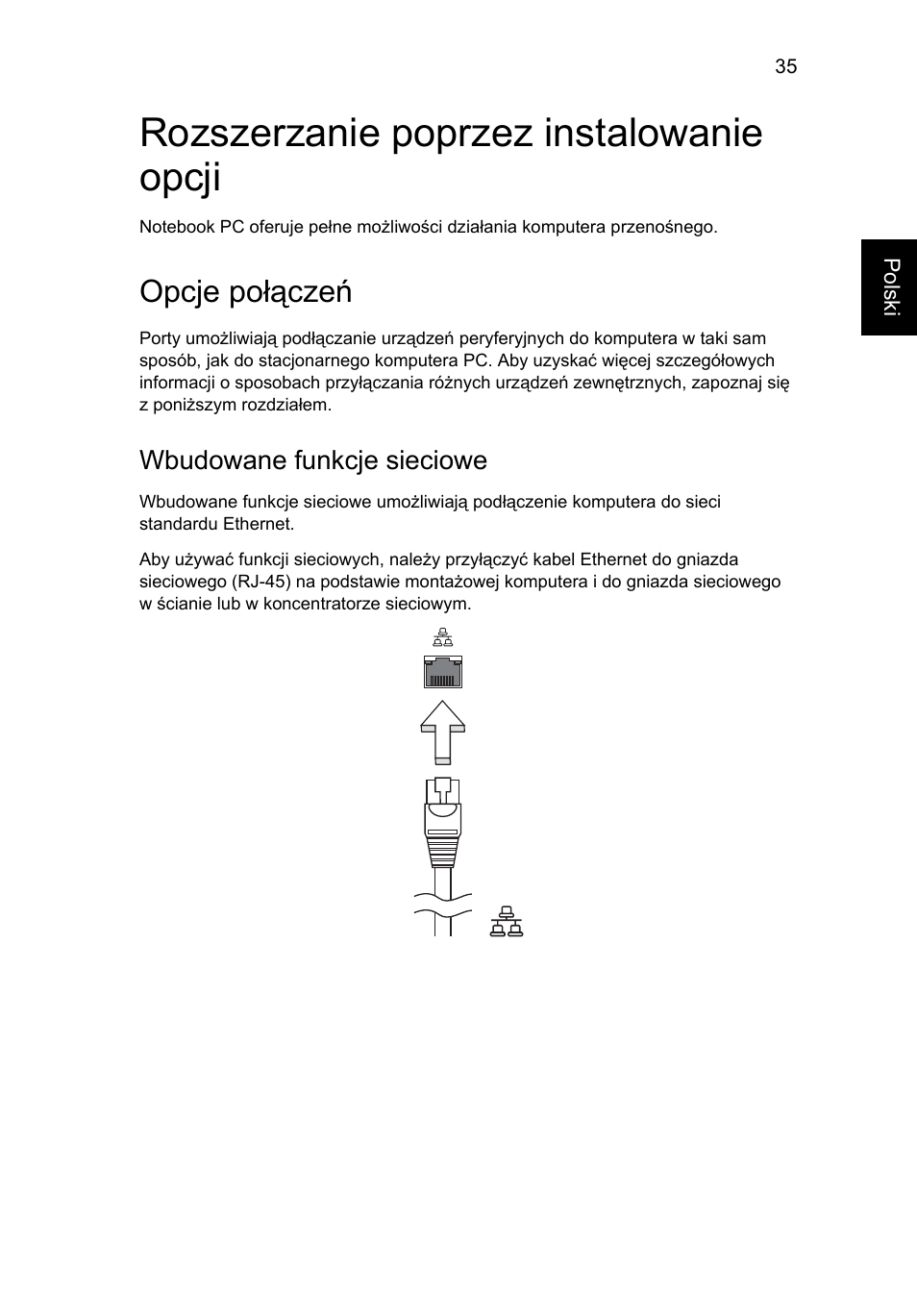 Rozszerzanie poprzez instalowanie opcji, Opcje połączeń, Wbudowane funkcje sieciowe | Acer Aspire One AO522 User Manual | Page 813 / 1810