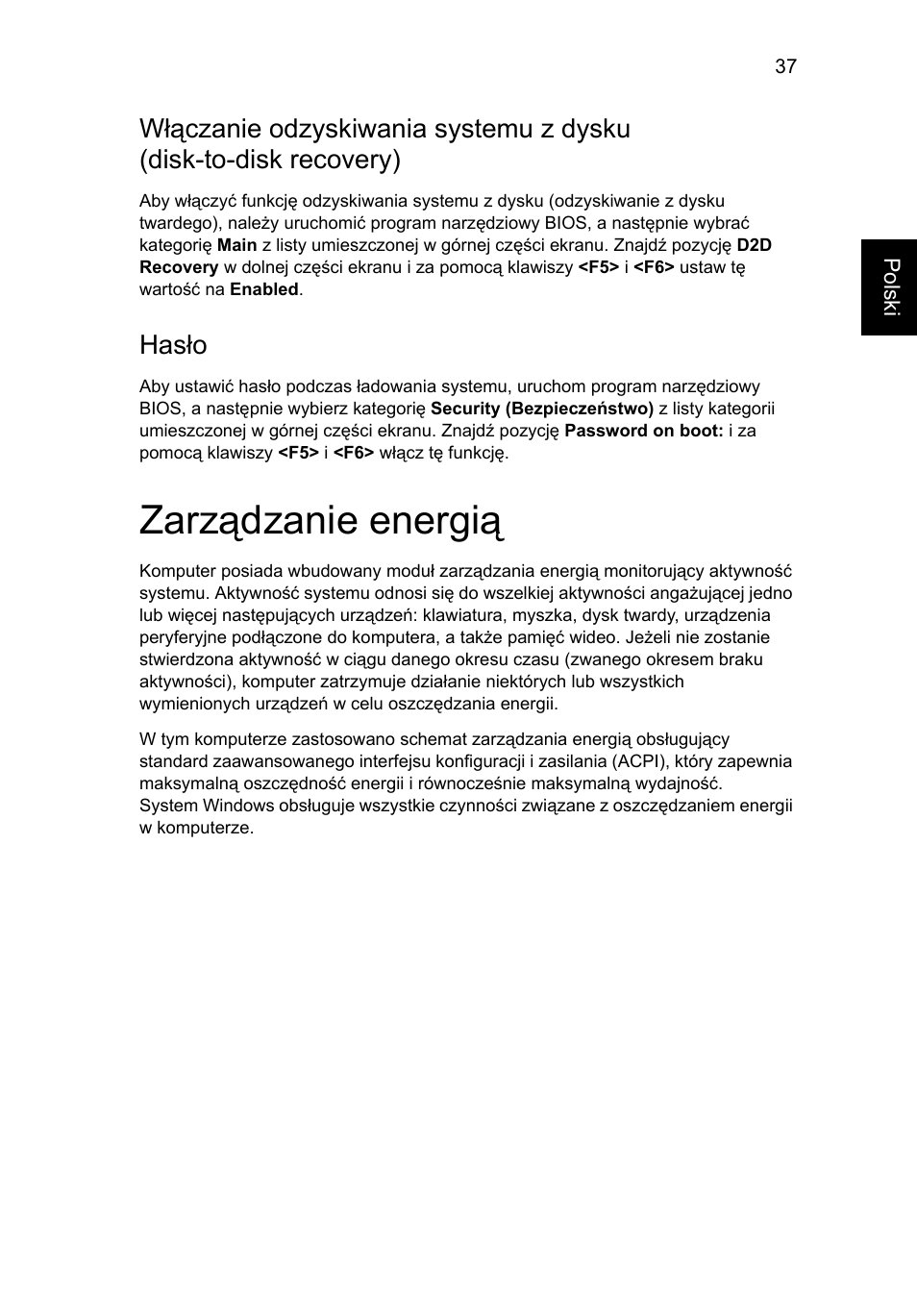 Zarządzanie energią, Hasło | Acer Aspire One AO522 User Manual | Page 815 / 1810