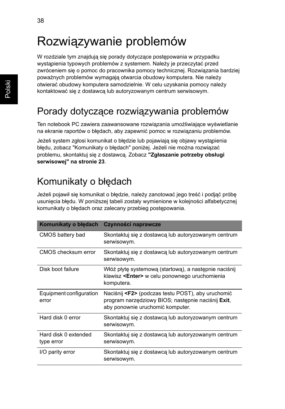 Rozwiązywanie problemów, Porady dotyczące rozwiązywania problemów, Komunikaty o błędach | Acer Aspire One AO522 User Manual | Page 816 / 1810