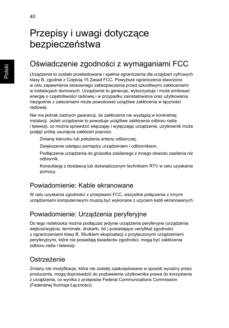 Przepisy i uwagi dotyczące bezpieczeństwa, Oświadczenie zgodności z wymaganiami fcc, Powiadomienie: kable ekranowane | Powiadomienie: urządzenia peryferyjne, Ostrzeżenie | Acer Aspire One AO522 User Manual | Page 818 / 1810