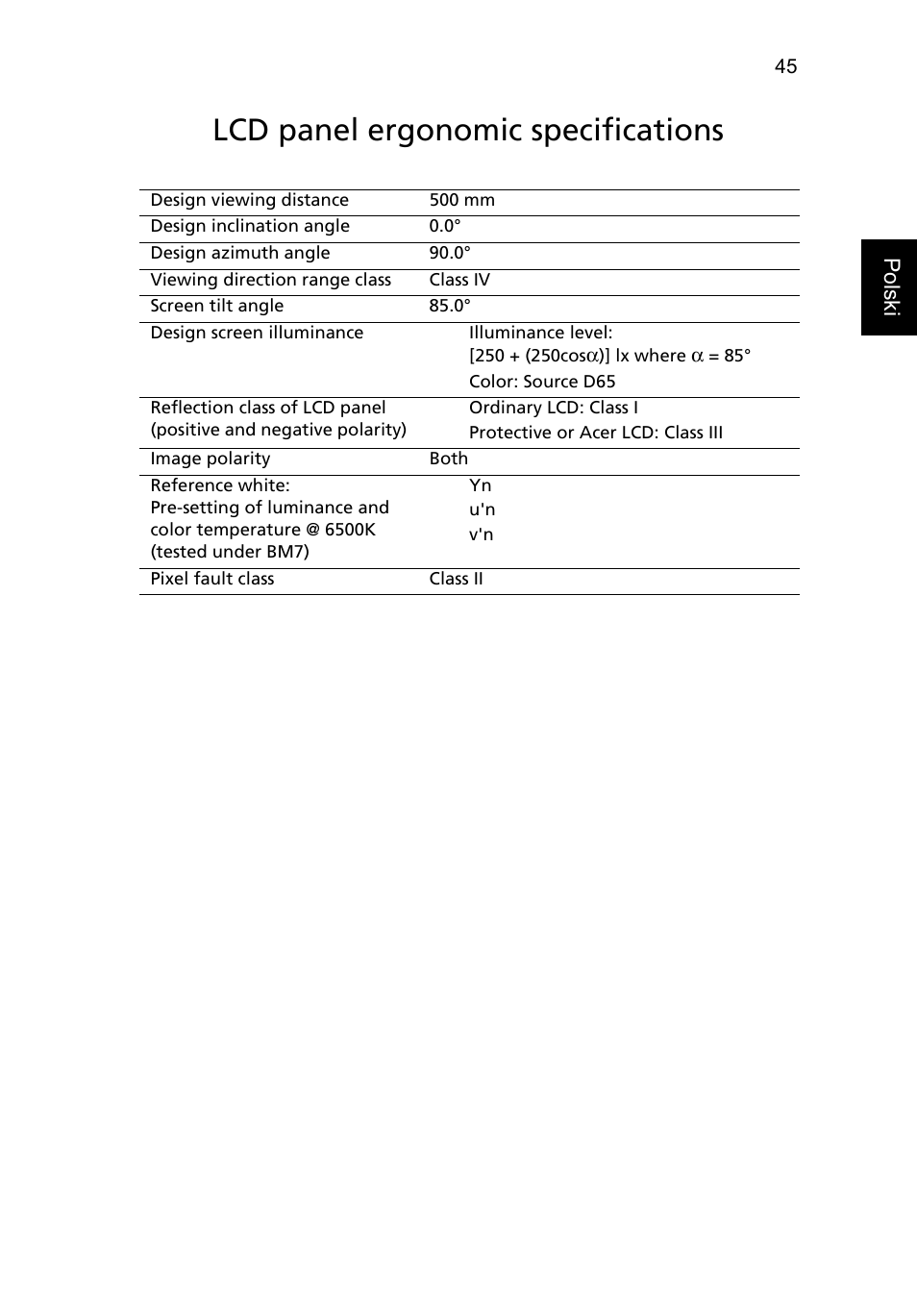 Lcd panel ergonomic specifications | Acer Aspire One AO522 User Manual | Page 823 / 1810