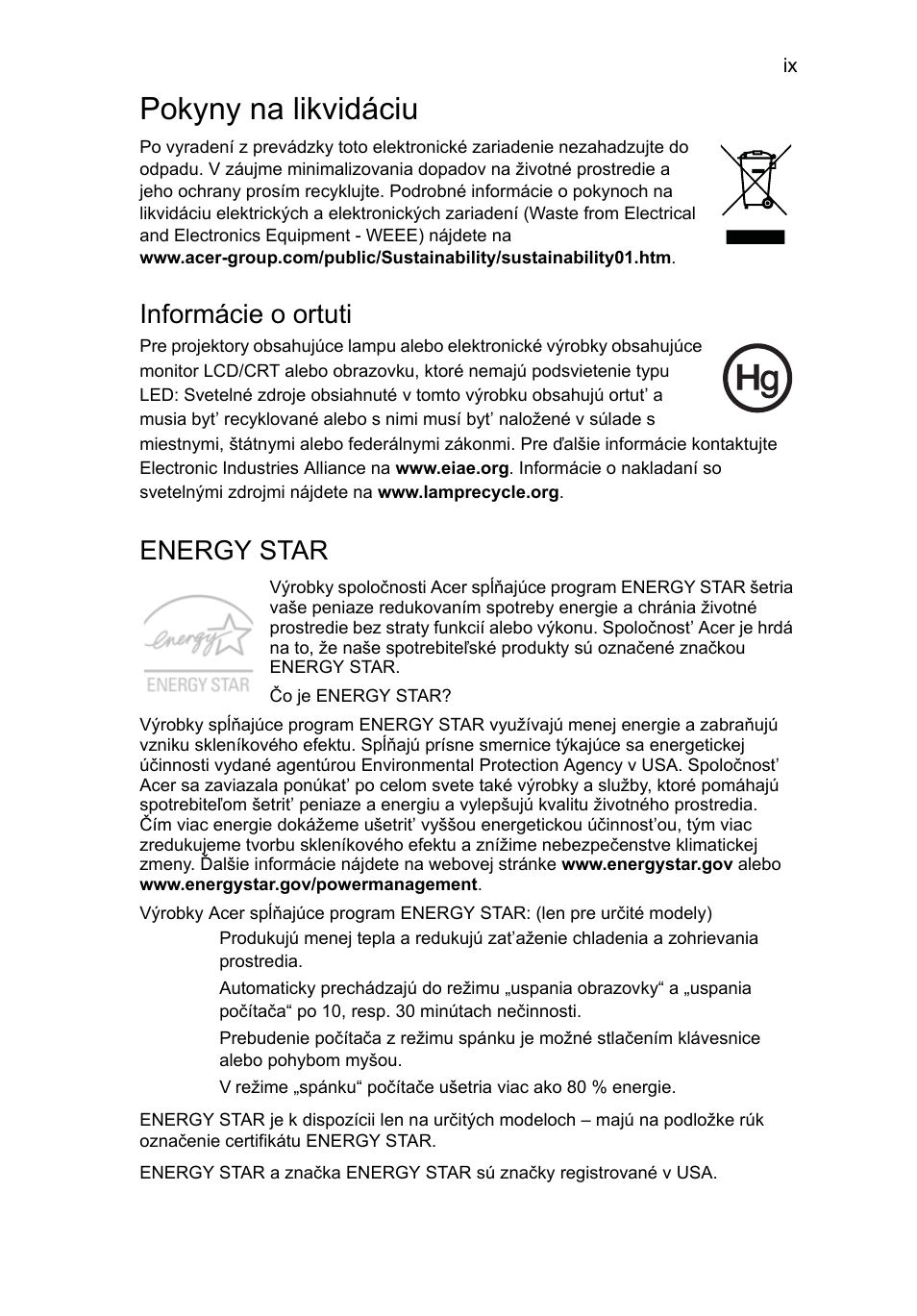 Pokyny na likvidáciu, Informácie o ortuti, Energy star | Acer Aspire One AO522 User Manual | Page 957 / 1810