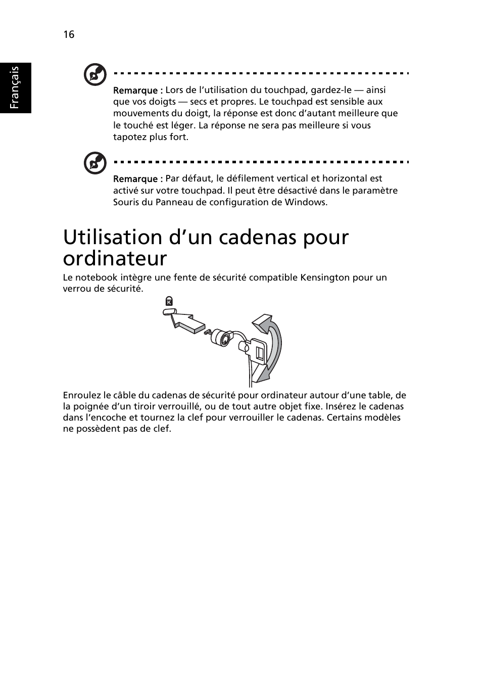 Utilisation d’un cadenas pour ordinateur | Acer Aspire One AO522 User Manual | Page 96 / 1810