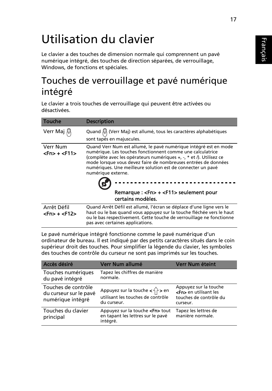 Utilisation du clavier, Touches de verrouillage et pavé numérique intégré, Français | Acer Aspire One AO522 User Manual | Page 97 / 1810