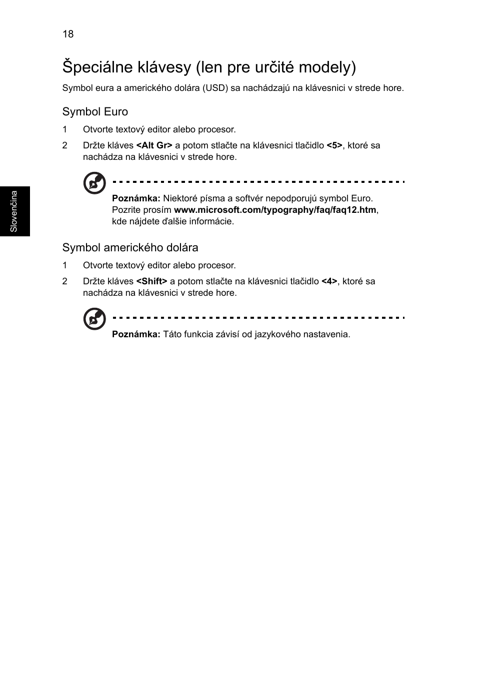 Špeciálne klávesy (len pre určité modely) | Acer Aspire One AO522 User Manual | Page 984 / 1810