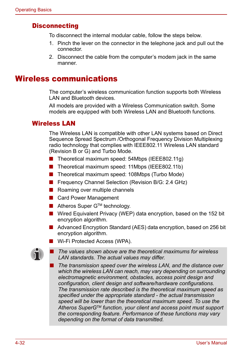 Wireless communications, Wireless communications -32, Disconnecting | Wireless lan | Toshiba Libretto U100 User Manual | Page 102 / 250