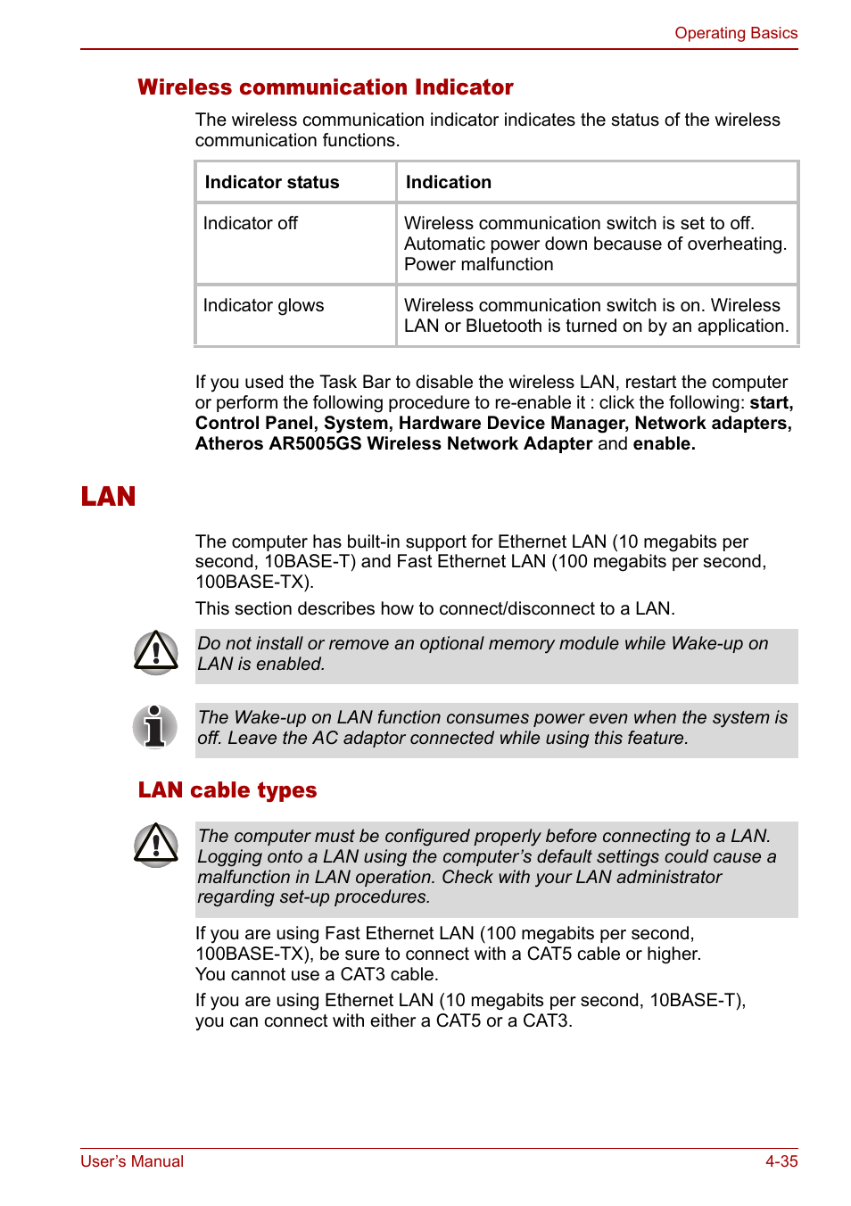 Lan -35, Wireless communication indicator, Lan cable types | Toshiba Libretto U100 User Manual | Page 105 / 250