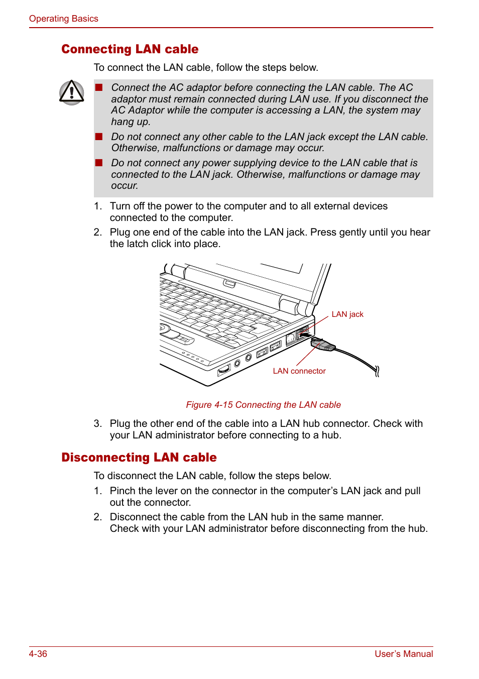 Connecting lan cable, Disconnecting lan cable | Toshiba Libretto U100 User Manual | Page 106 / 250