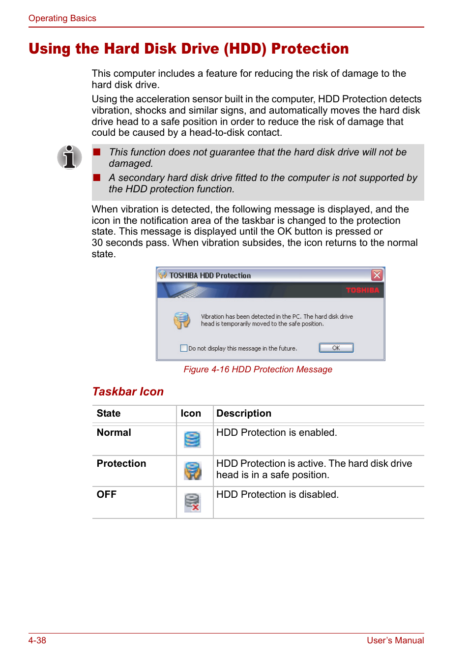 Using the hard disk drive (hdd) protection, Using the hard disk drive (hdd) protection -38 | Toshiba Libretto U100 User Manual | Page 108 / 250