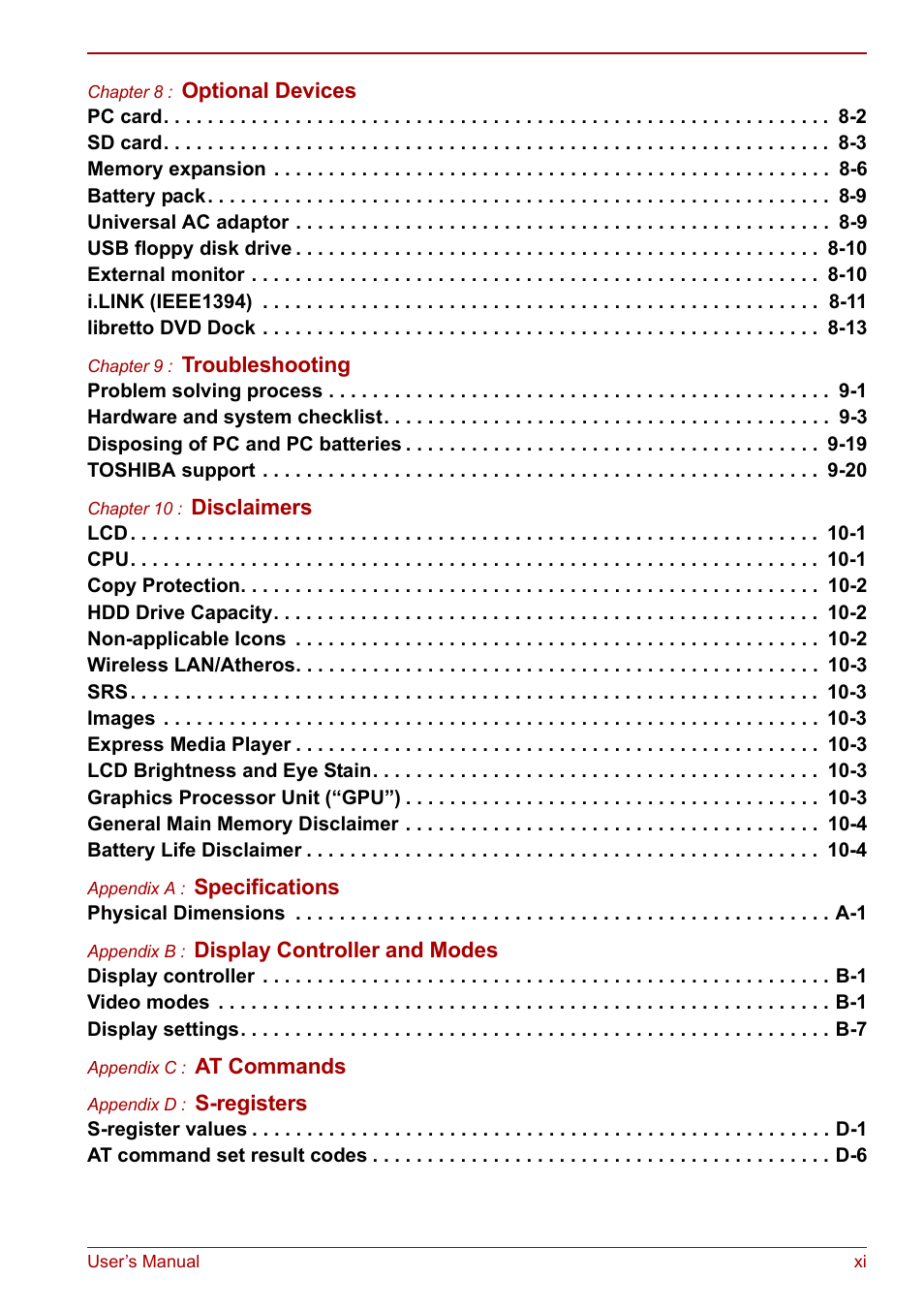 Toshiba Libretto U100 User Manual | Page 11 / 250