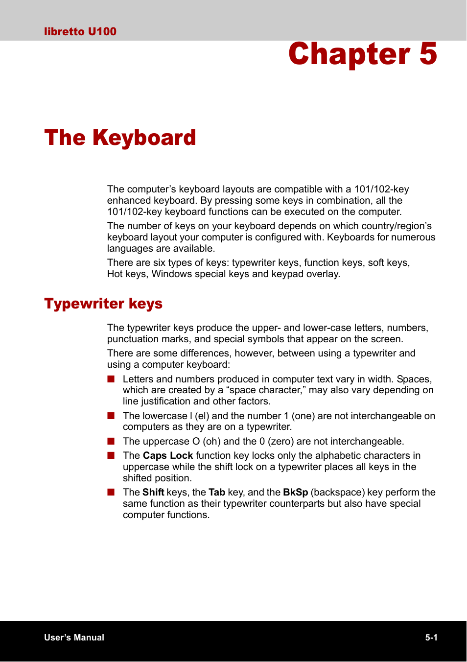 Chapter 5 - the keyboard, Typewriter keys, Chapter 5 | The keyboard, Typewriter keys -1, Describ, Hapter 5 | Toshiba Libretto U100 User Manual | Page 113 / 250