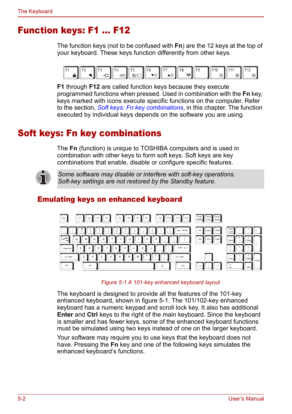 Function keys: f1 … f12, Soft keys: fn key combinations, Emulating keys on enhanced keyboard | 2 user’s manual the keyboard | Toshiba Libretto U100 User Manual | Page 114 / 250