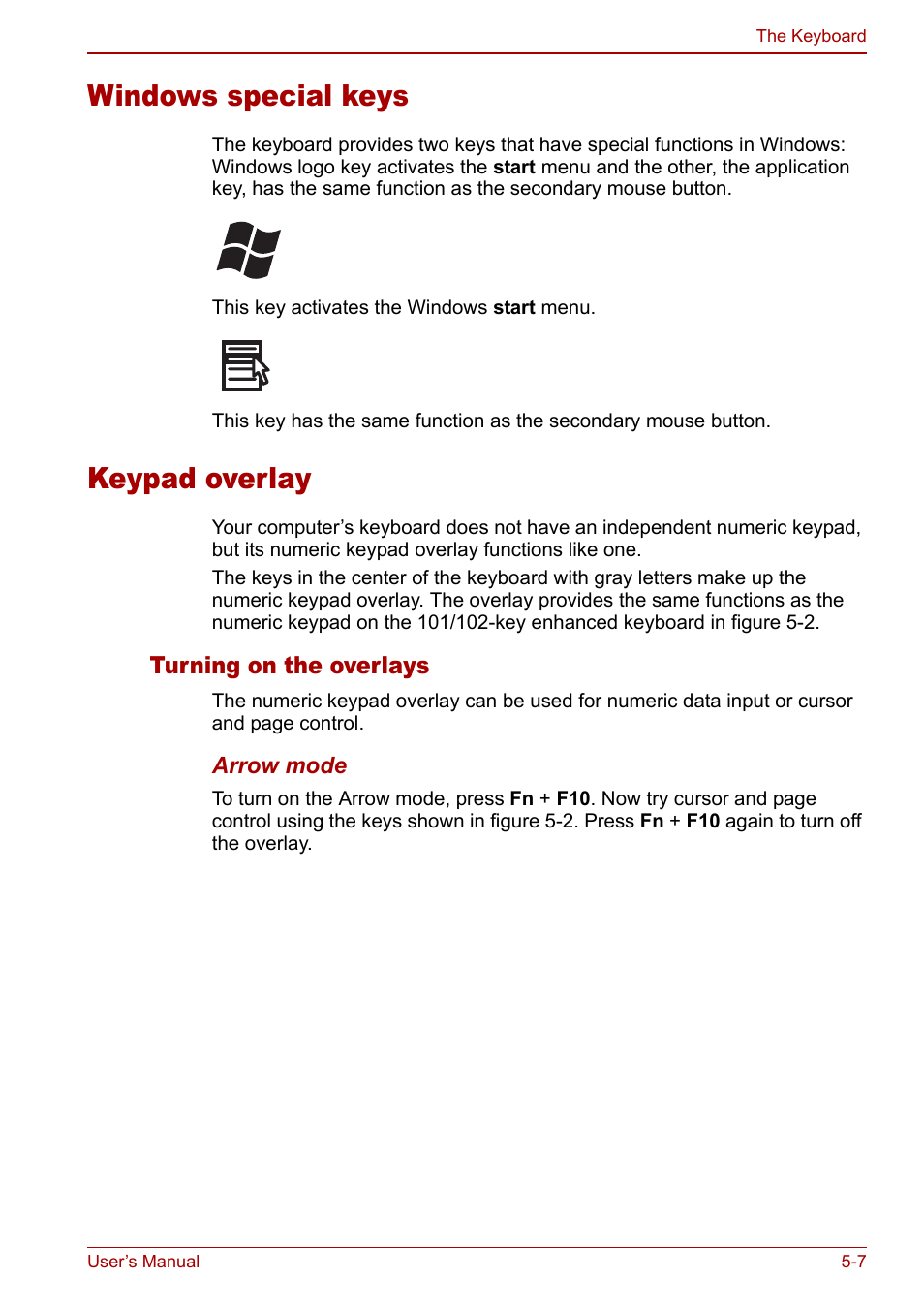Windows special keys, Keypad overlay, Windows special keys -7 keypad overlay -7 | Toshiba Libretto U100 User Manual | Page 119 / 250