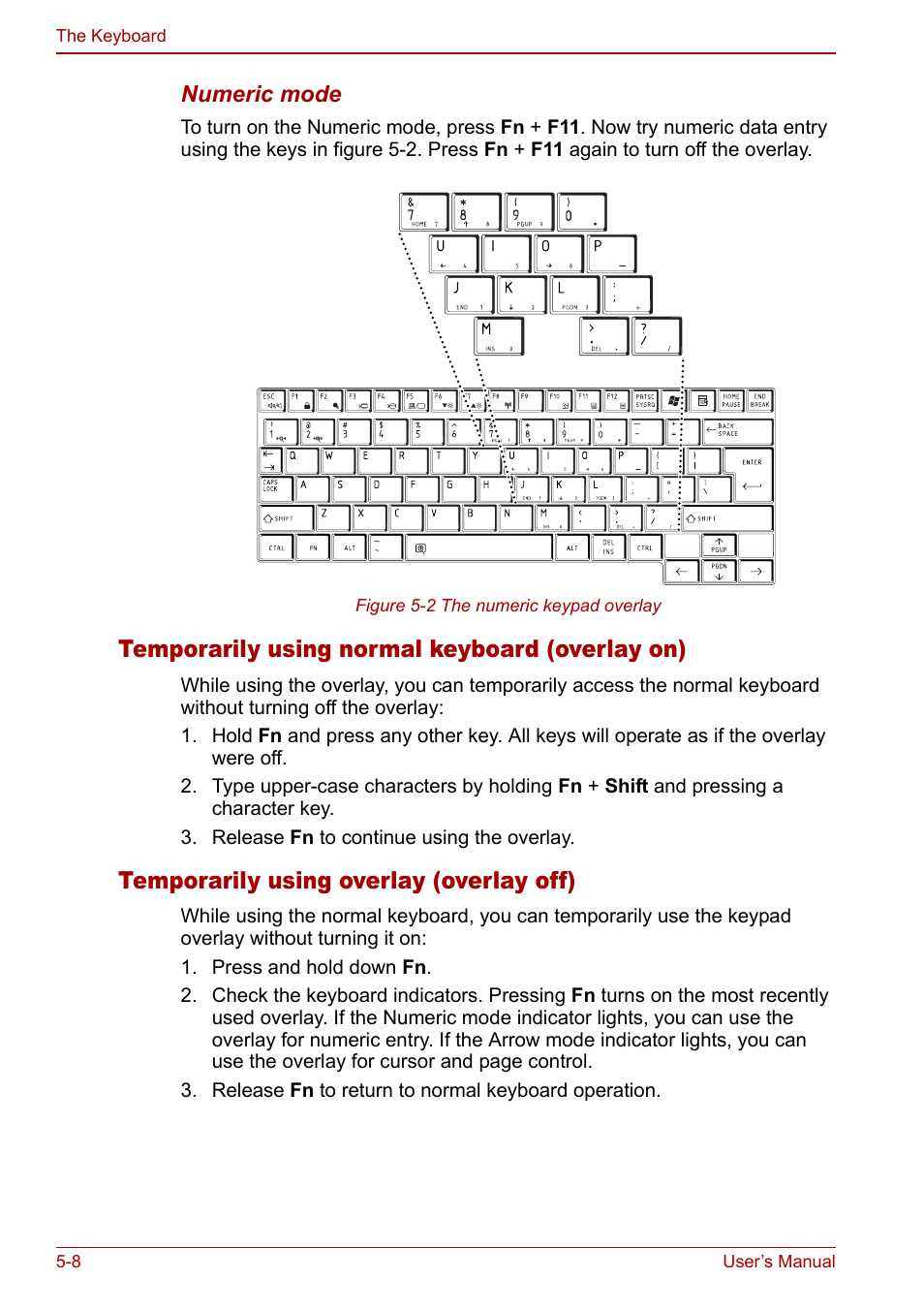 Temporarily using normal keyboard (overlay on), Temporarily using overlay (overlay off) | Toshiba Libretto U100 User Manual | Page 120 / 250