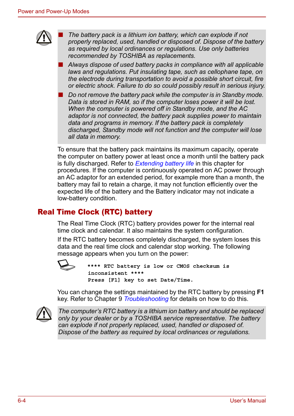Real time clock (rtc) battery | Toshiba Libretto U100 User Manual | Page 126 / 250