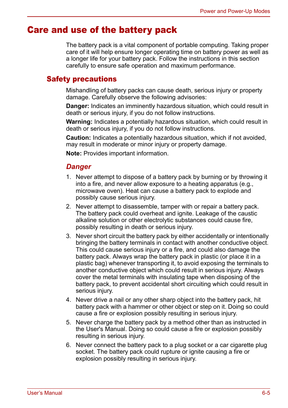 Care and use of the battery pack, Care and use of the battery pack -5, Safety precautions | Toshiba Libretto U100 User Manual | Page 127 / 250
