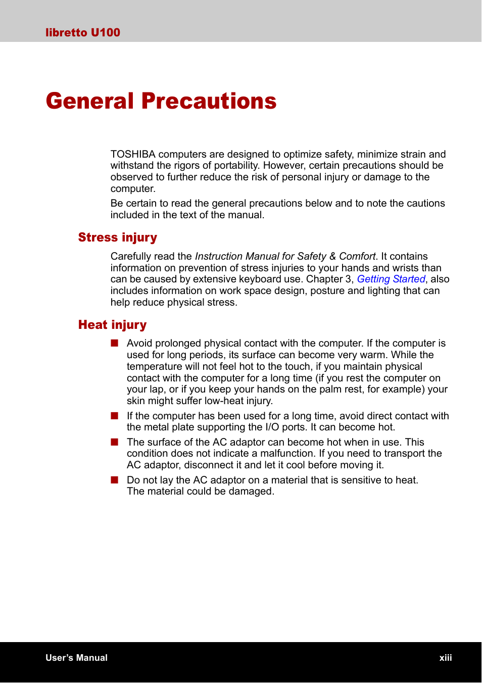 General precautions | Toshiba Libretto U100 User Manual | Page 13 / 250