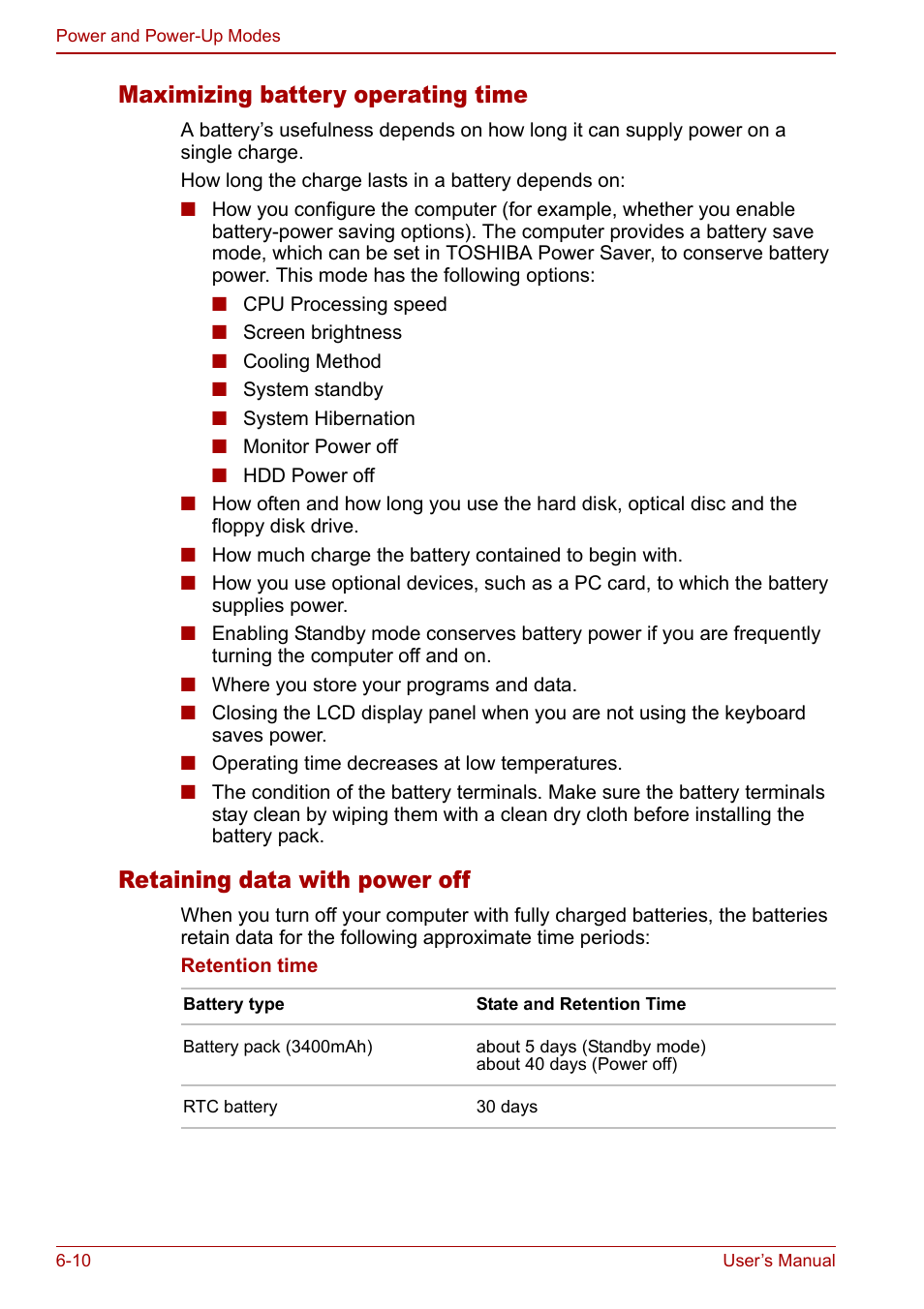 Maximizing battery operating time, Retaining data with power off | Toshiba Libretto U100 User Manual | Page 132 / 250