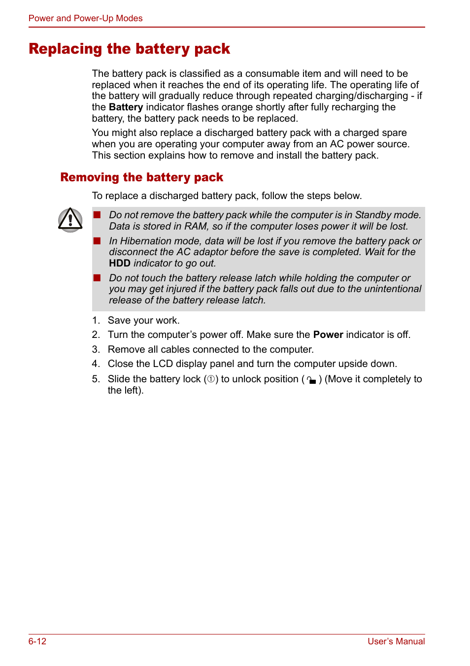 Replacing the battery pack, Replacing the battery pack -12, Removing the battery pack | Toshiba Libretto U100 User Manual | Page 134 / 250