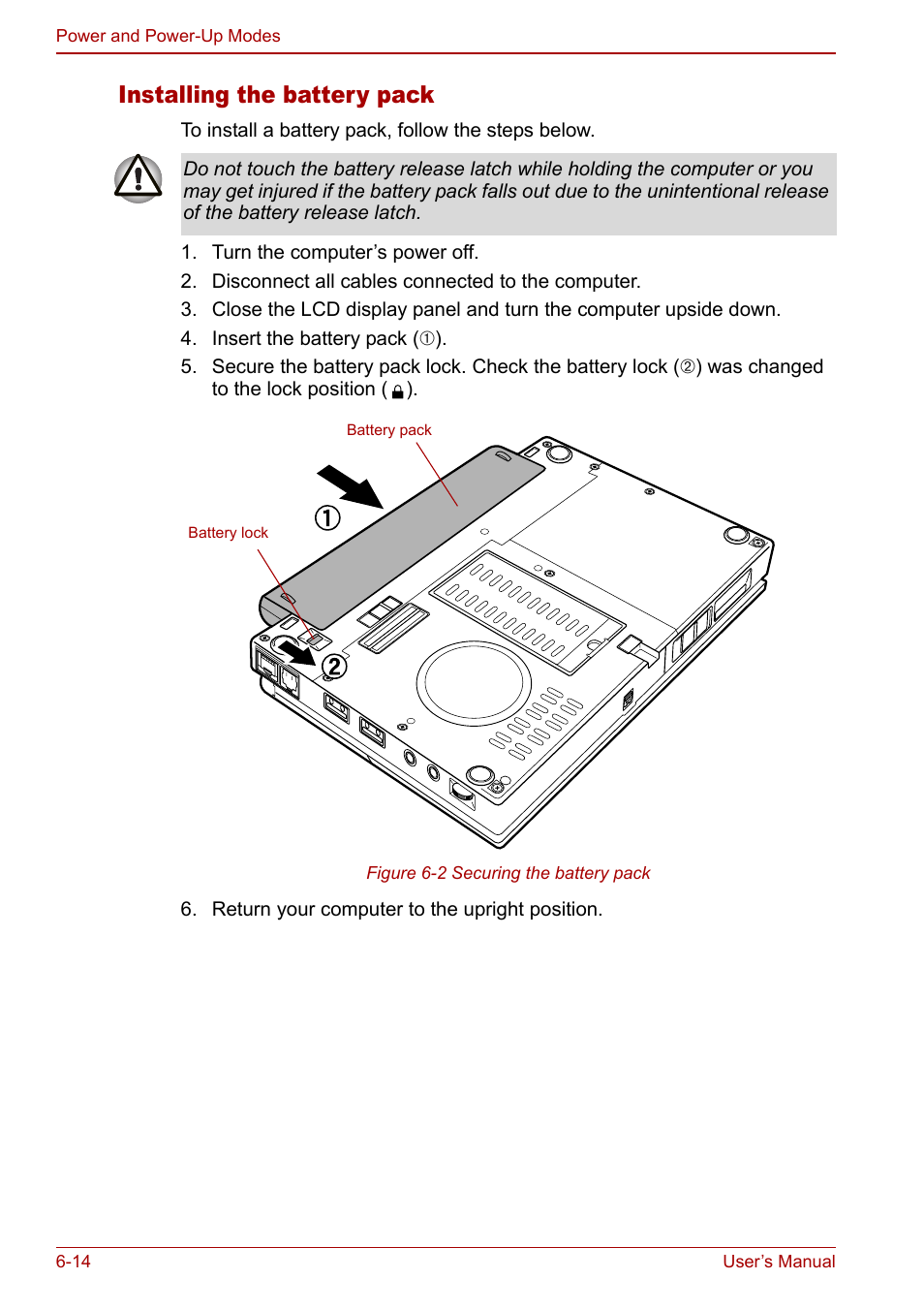 Installing the battery pack | Toshiba Libretto U100 User Manual | Page 136 / 250