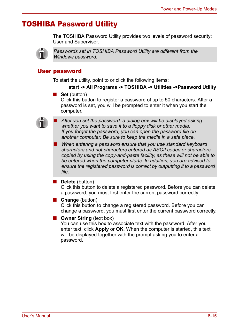 Toshiba password utility, Toshiba password utility -15, User password | Toshiba Libretto U100 User Manual | Page 137 / 250