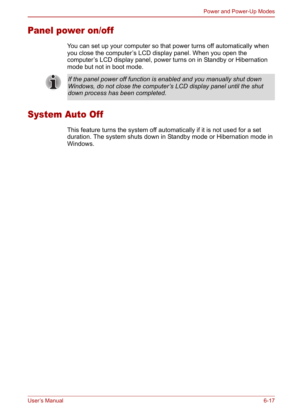 Panel power on/off, System auto off, Panel power on/off -17 system auto off -17 | Toshiba Libretto U100 User Manual | Page 139 / 250