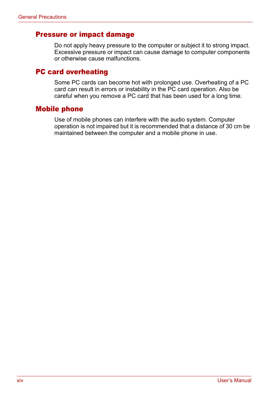 Pressure or impact damage, Pc card overheating, Mobile phone | Toshiba Libretto U100 User Manual | Page 14 / 250