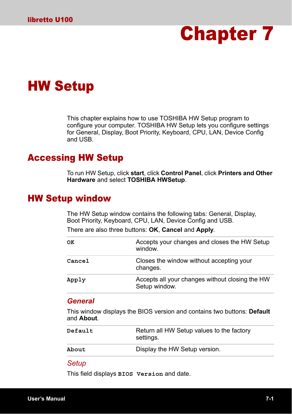 Chapter 7 - hw setup, Accessing hw setup, Hw setup window | Chapter 7, Hw setup, Accessing hw setup -1 hw setup window -1 | Toshiba Libretto U100 User Manual | Page 141 / 250