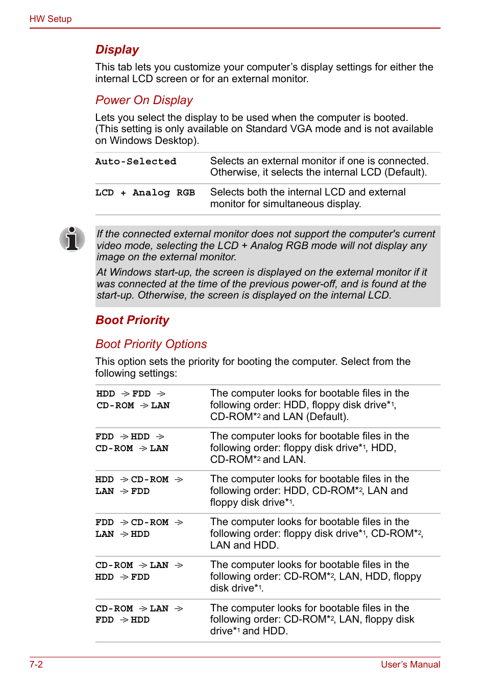 Display, Power on display, Boot priority boot priority options | Toshiba Libretto U100 User Manual | Page 142 / 250