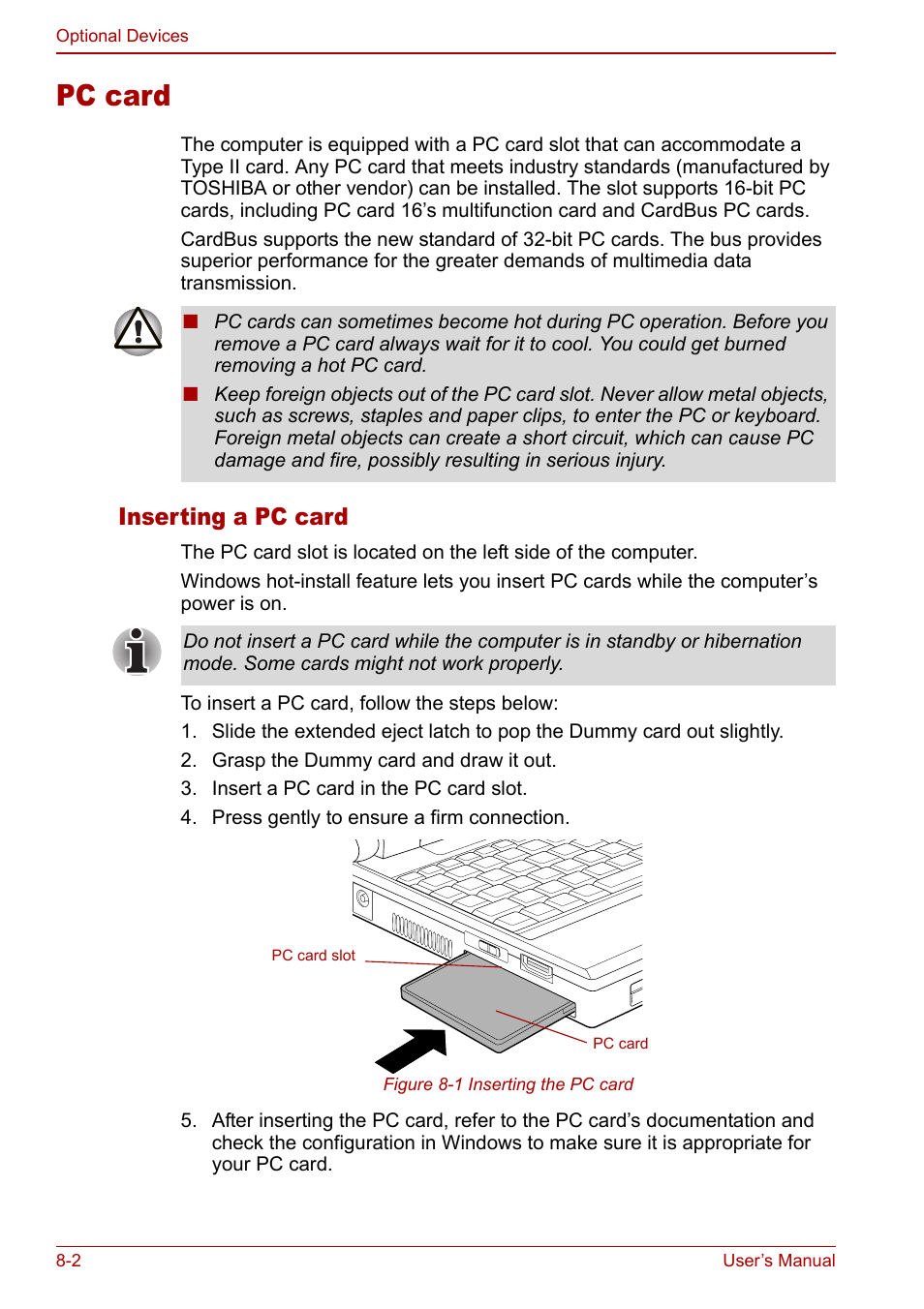Pc card, Pc card -2, Inserting a pc card | Toshiba Libretto U100 User Manual | Page 150 / 250