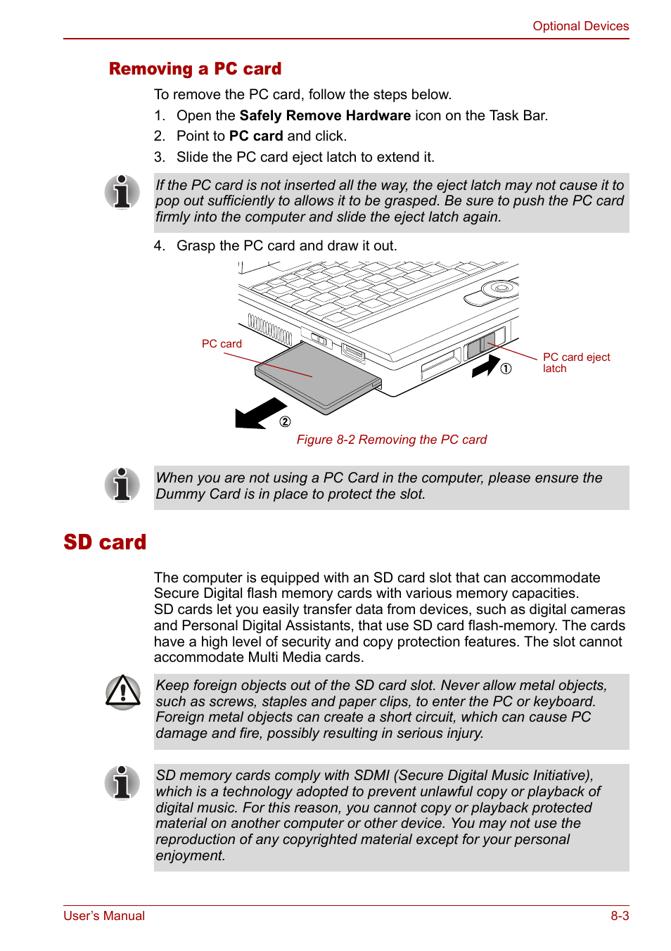 Sd card, Sd card -3, Removing a pc card | Toshiba Libretto U100 User Manual | Page 151 / 250