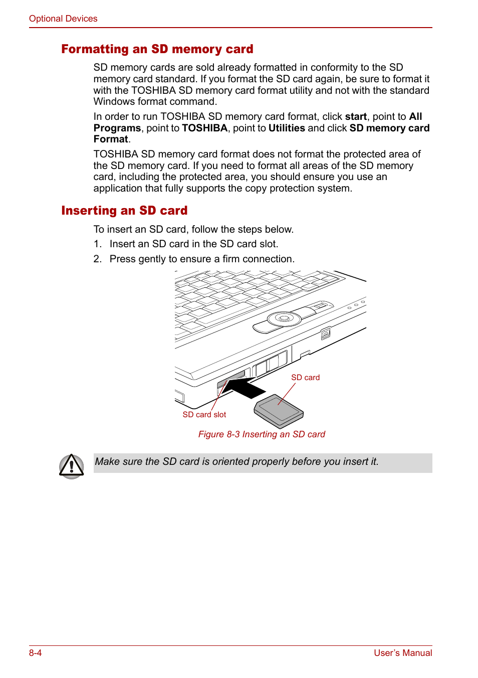 Inserting an sd card | Toshiba Libretto U100 User Manual | Page 152 / 250