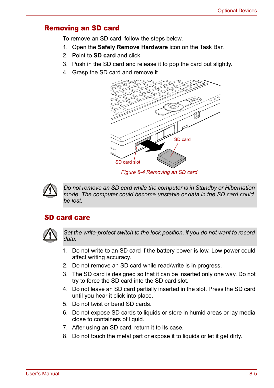Removing an sd card, Sd card care | Toshiba Libretto U100 User Manual | Page 153 / 250