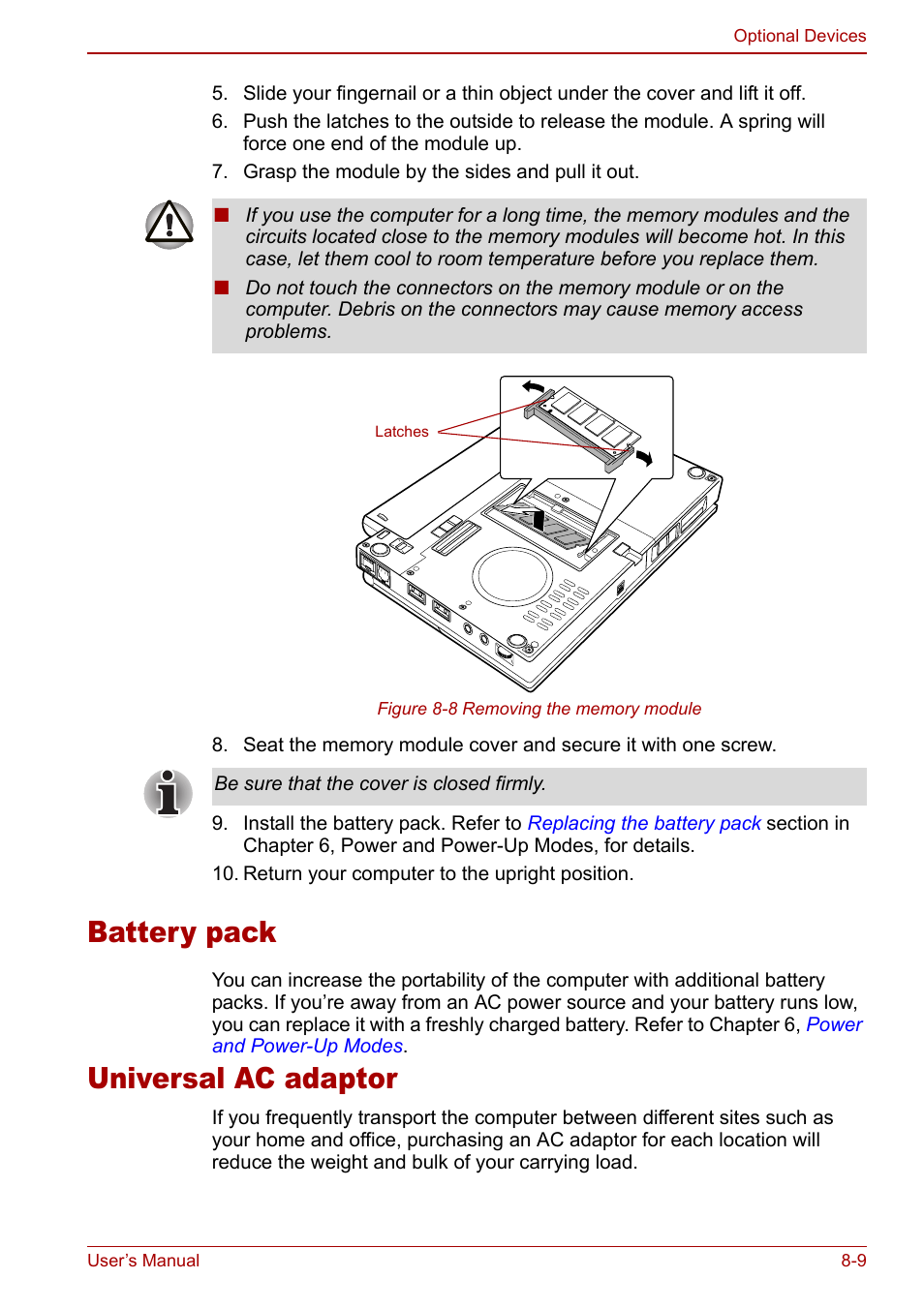 Battery pack, Universal ac adaptor, Battery pack -9 universal ac adaptor -9 | Toshiba Libretto U100 User Manual | Page 157 / 250