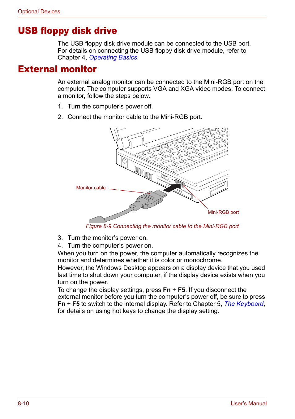 Usb floppy disk drive, External monitor, Usb floppy disk drive -10 external monitor -10 | Toshiba Libretto U100 User Manual | Page 158 / 250