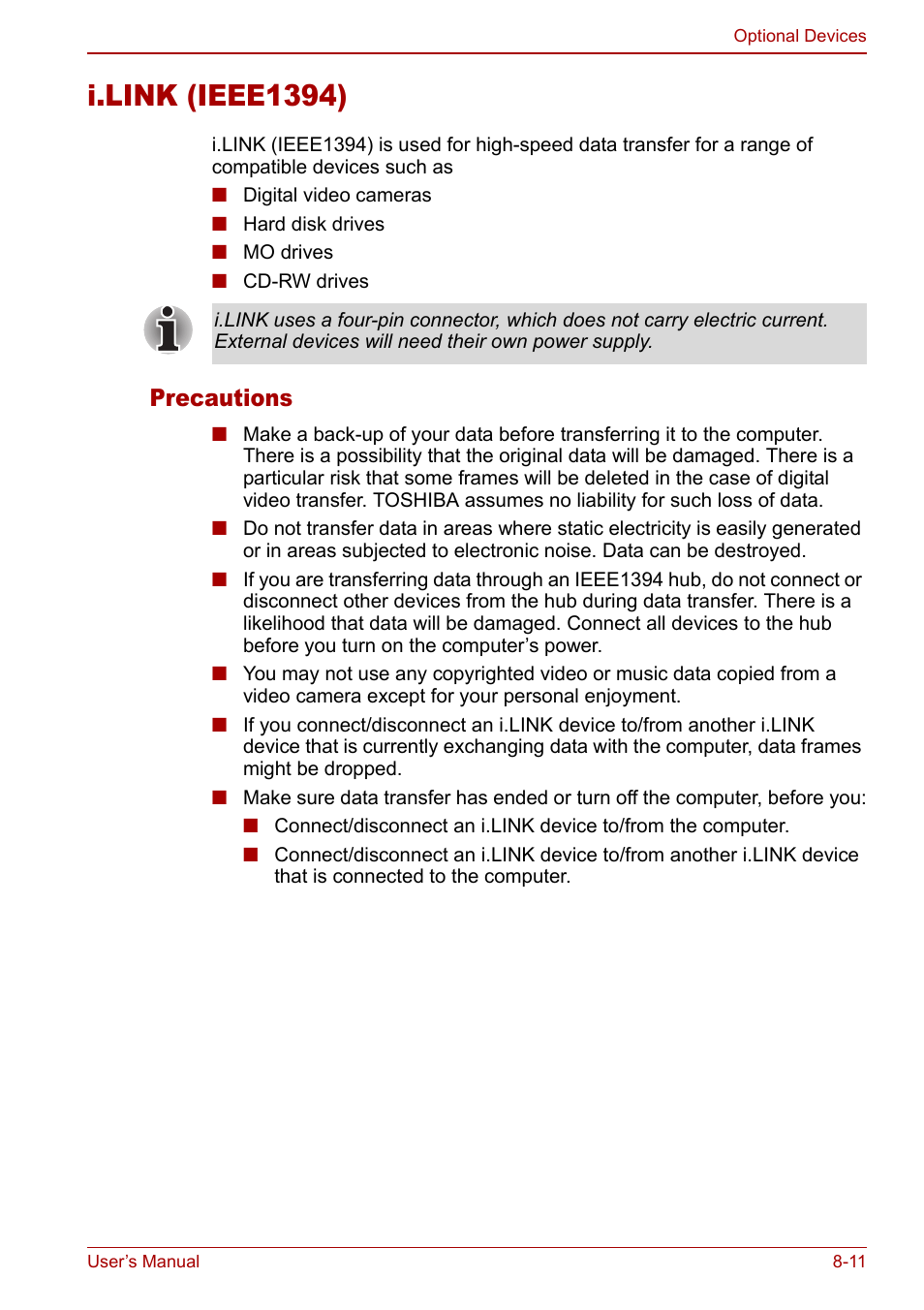 I.link (ieee1394), I.link (ieee1394) -11, Precautions | Toshiba Libretto U100 User Manual | Page 159 / 250