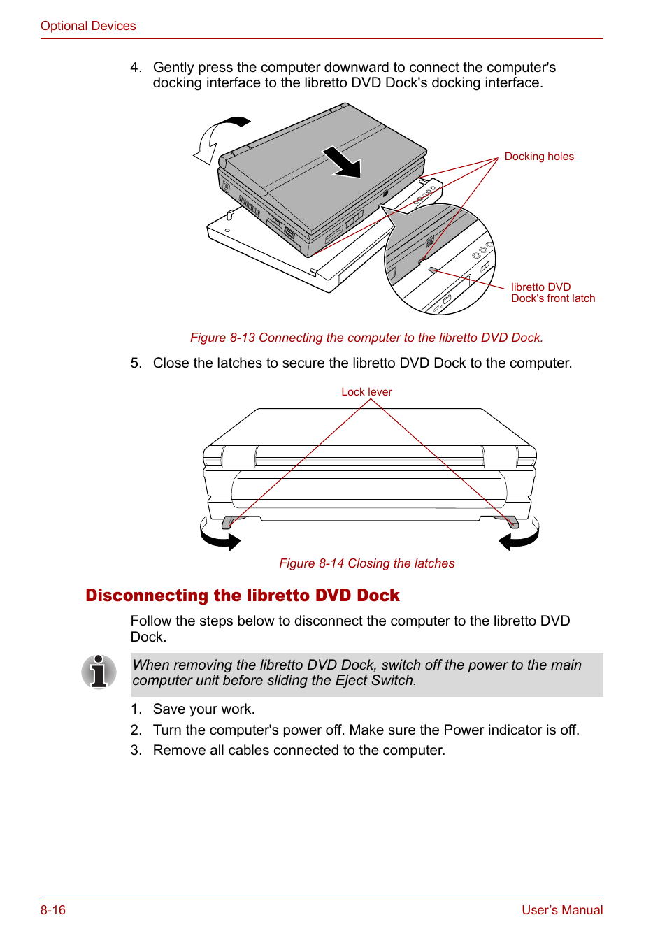 Disconnecting the libretto dvd dock | Toshiba Libretto U100 User Manual | Page 164 / 250