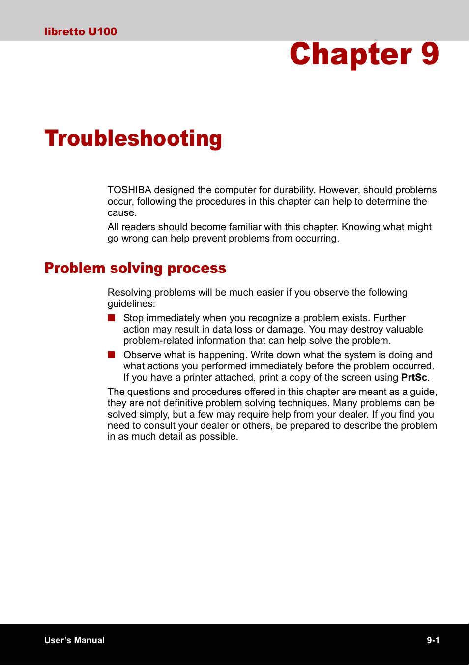 Chapter 9 - troubleshooting, Problem solving process, Chapter 9 | Troubleshooting, Problem solving process -1 | Toshiba Libretto U100 User Manual | Page 167 / 250