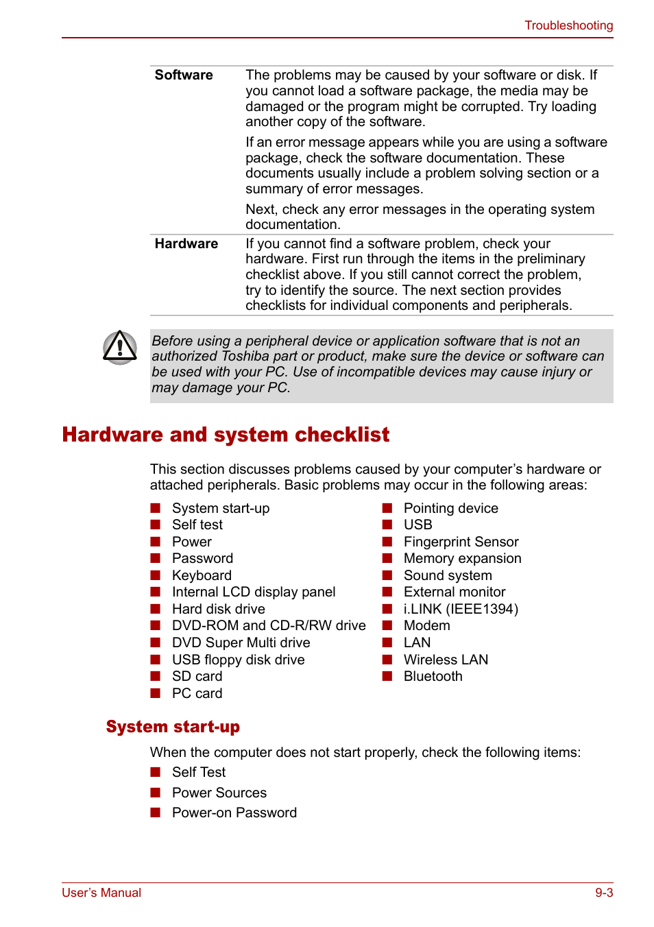 Hardware and system checklist, Hardware and system checklist -3, System start-up | Toshiba Libretto U100 User Manual | Page 169 / 250