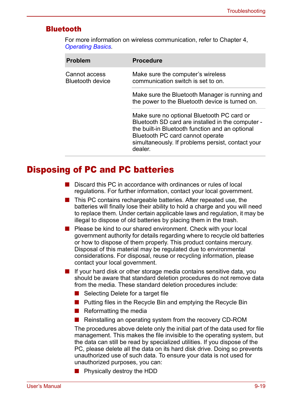 Disposing of pc and pc batteries, Disposing of pc and pc batteries -19, Bluetooth | Toshiba Libretto U100 User Manual | Page 185 / 250